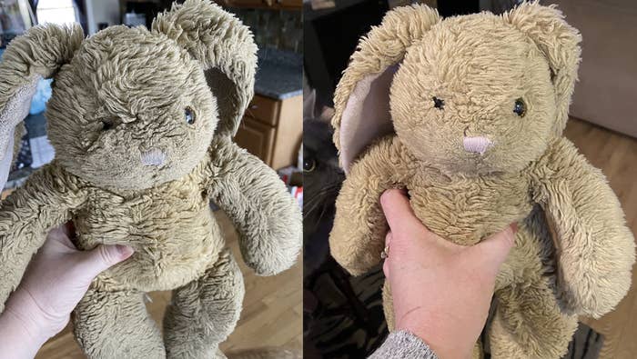 A customer review photo showing their stuffed animal before and after cleaning it with the spot treatment