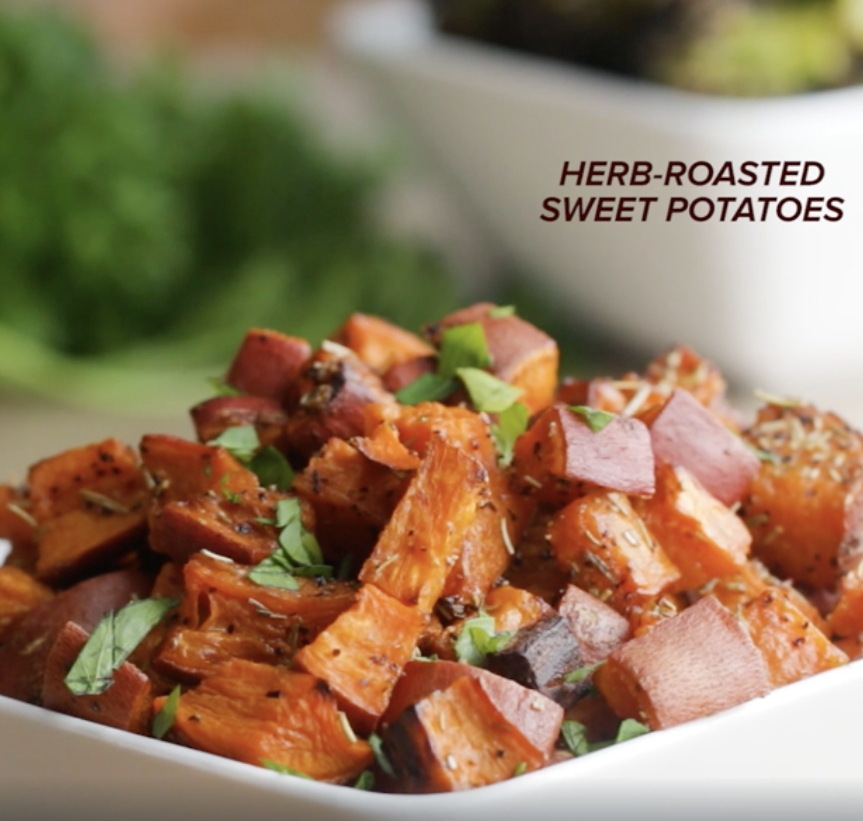 A bowl of herb-roasted sweet potatoes