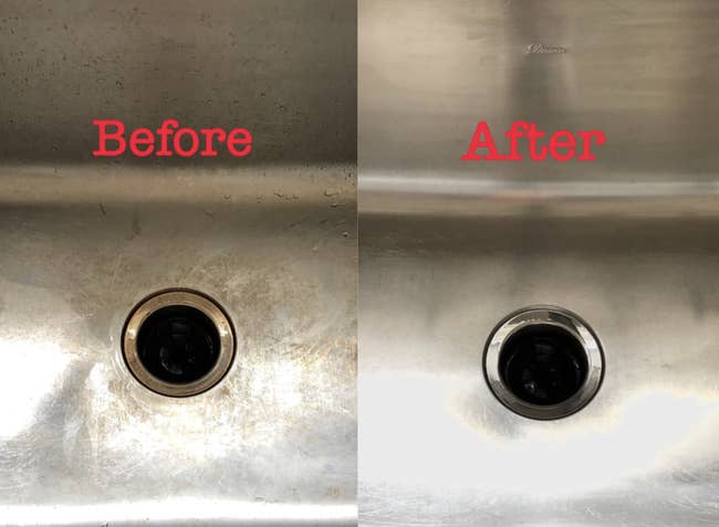 A customer review photo showing the before and after results of using the sink cleaner