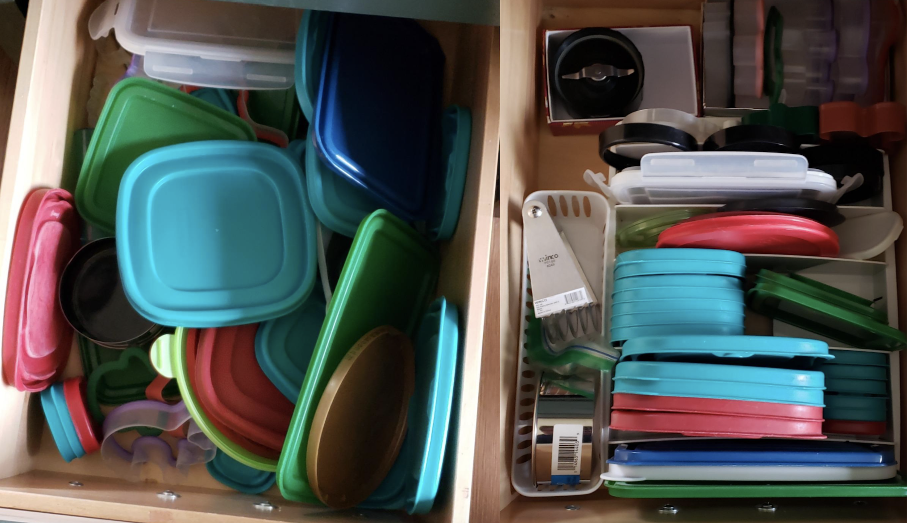 A customer review photo showing their lids loose and then organized