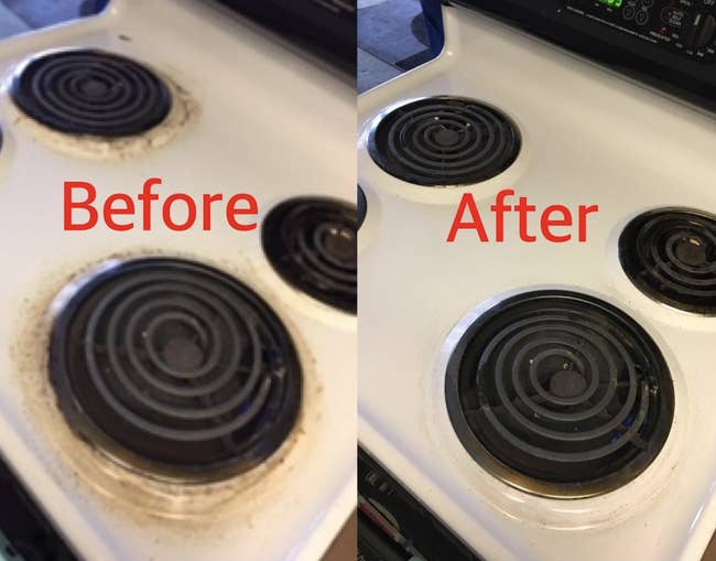 A customer review photo showing their stove top before and after using the cleaner