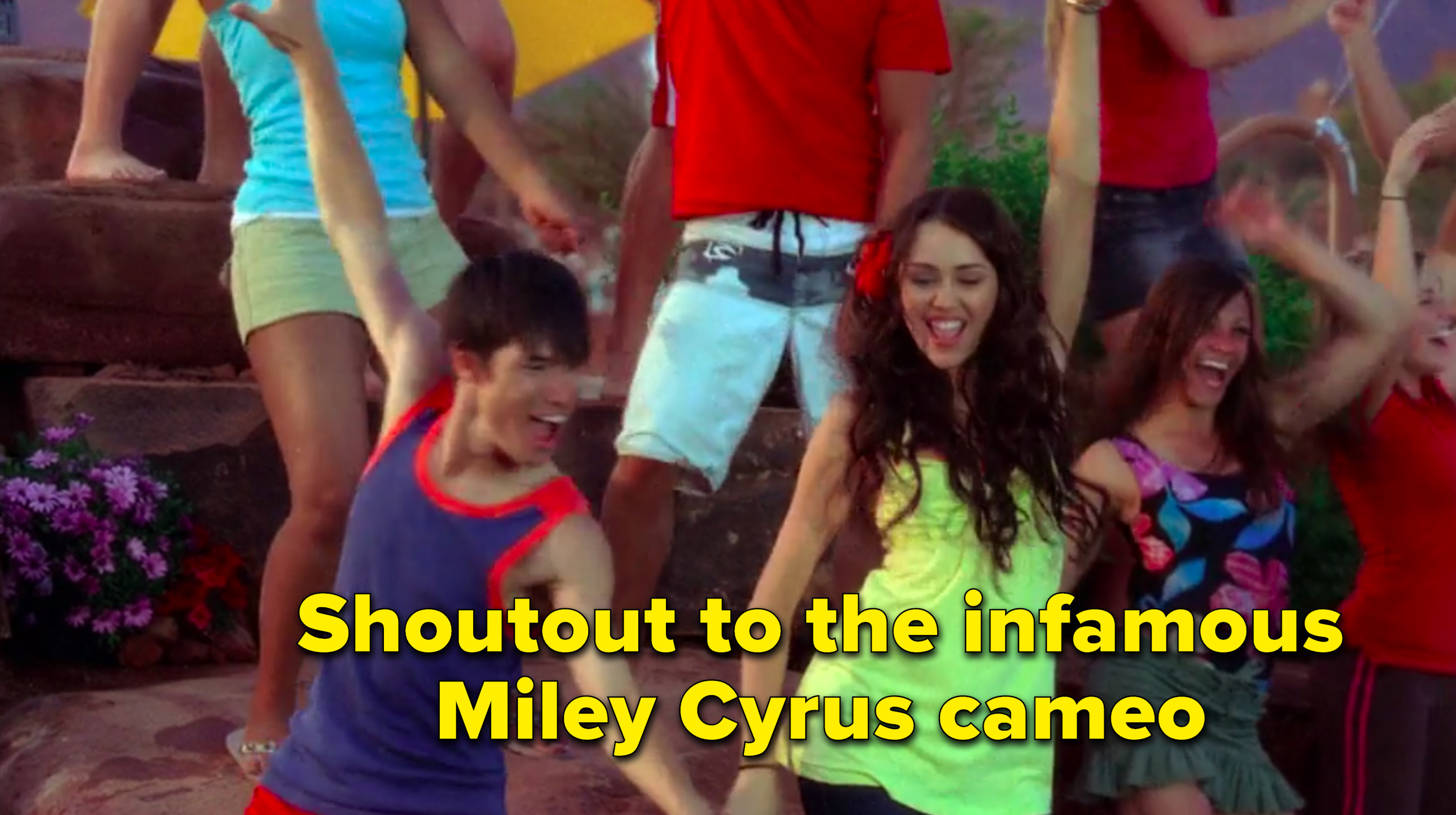 &quot;Shoutout to the infamous Miley Cyrus cameo&quot; written next to Miley Cyrus in &quot;All for One&quot;