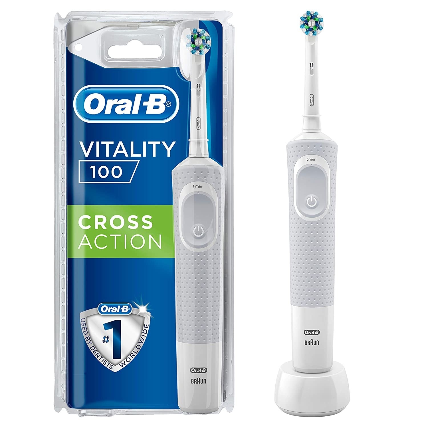 An electric toothbrush next to the box