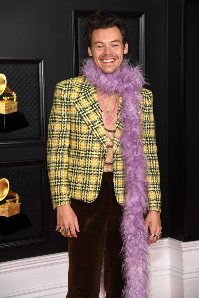 Harry Styles smiles on the red carpet at the 63rd Annual Grammy Awards 