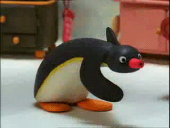 Gif of Pingu bent over, doing a running man type move 