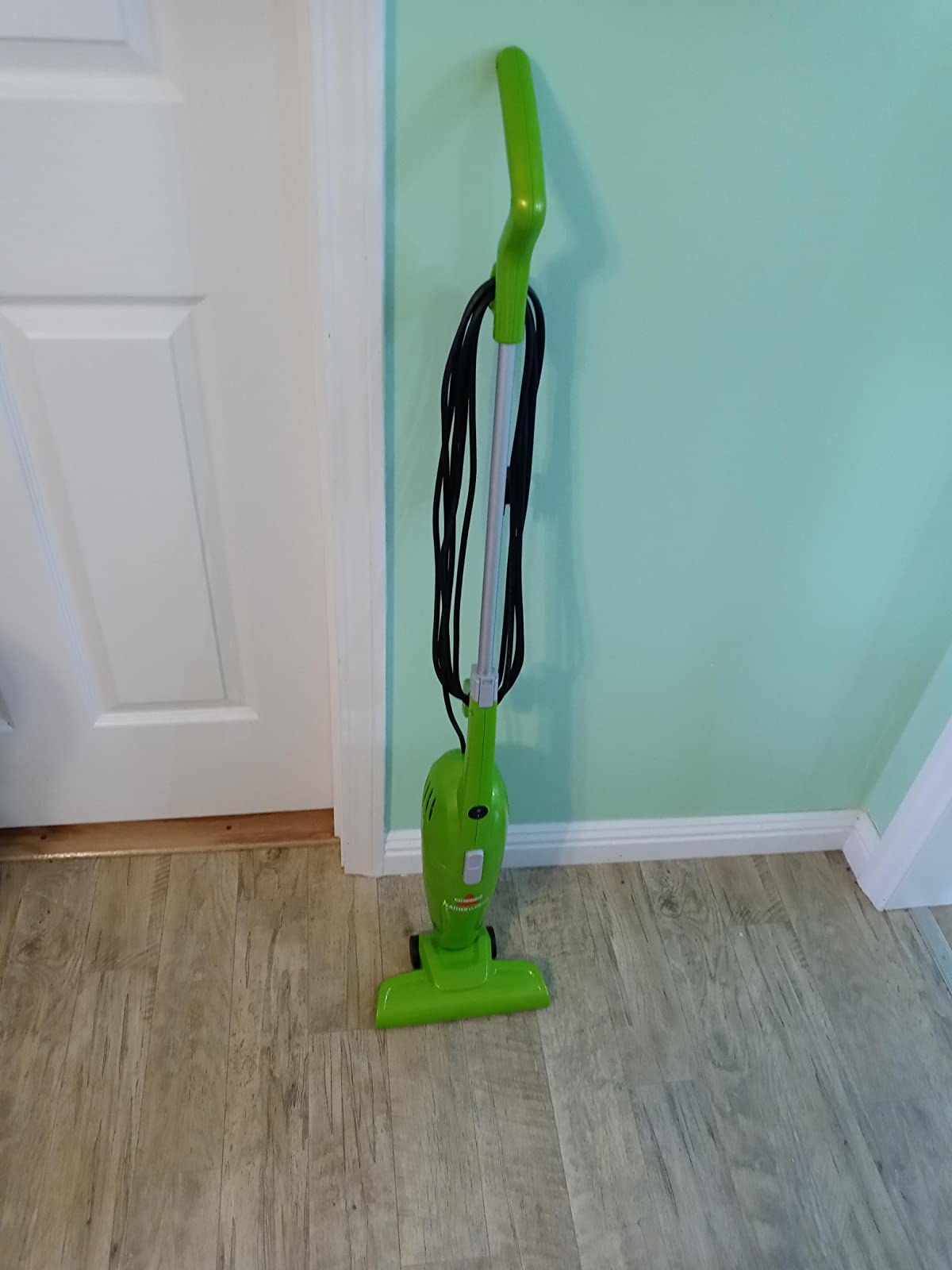 Reviewer&#x27;s green upright stick vacuum with detachable handle