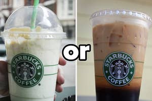 A Vanilla Bean frappuccino from Starbucks and a coffee cold brew drink from Starbucks.
