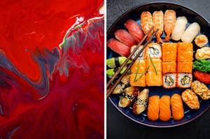 A smeared painting and a platter of various types of sushi.
