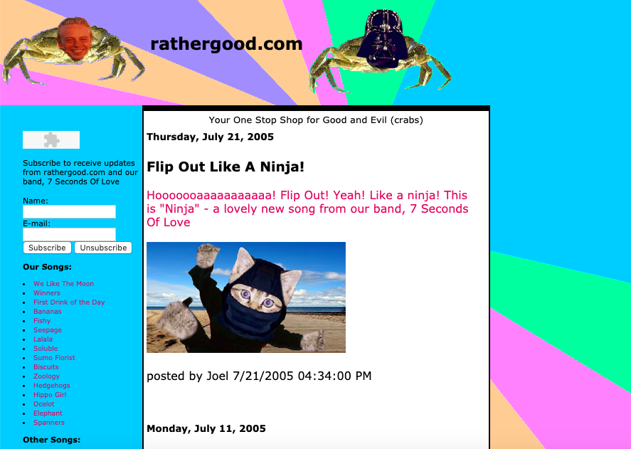 Webpage from 2005 featuring a cat dressed as a ninja and human-crab hybrids
