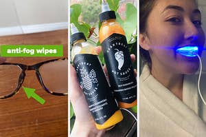 Anti fog glasses wipes, bottles of heartbeat hot sauce, and a buzzfeed writer using a teeth whitening kit