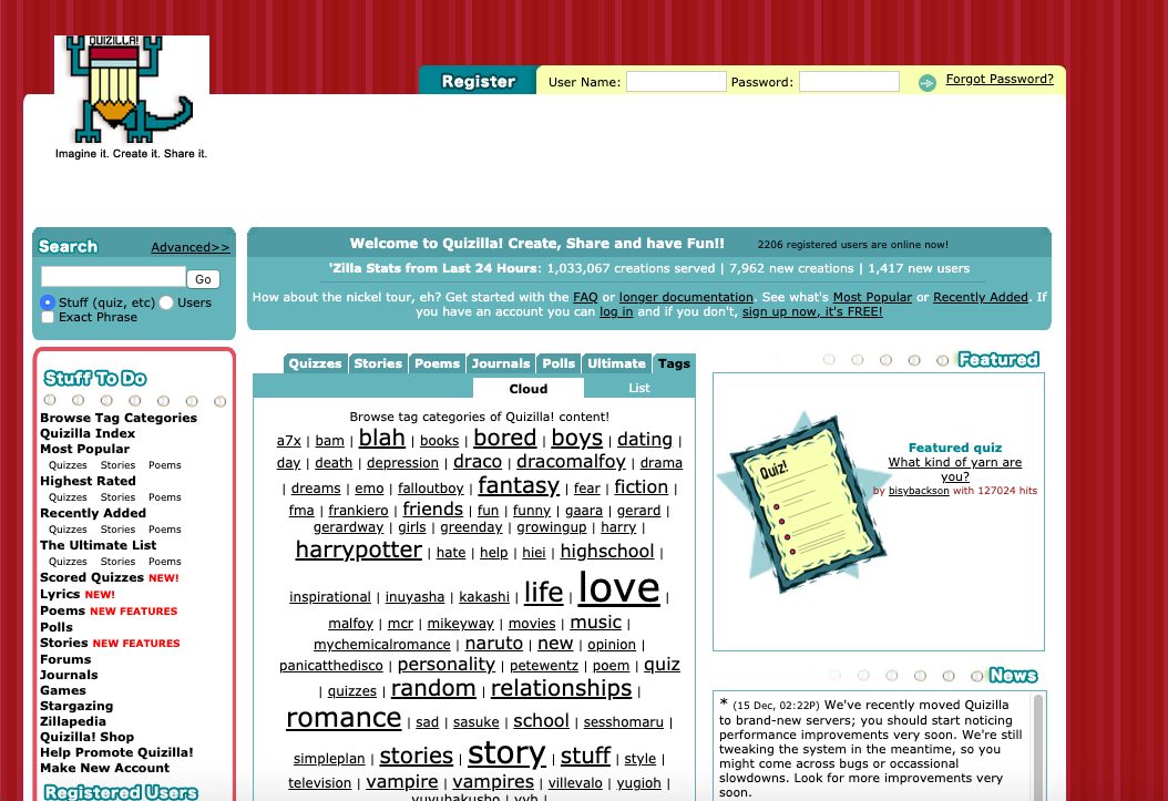 A list of quiz categories to choose from on an outdated homepage