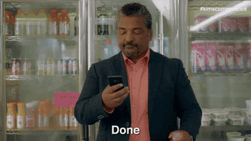 Character using a smartphone saying, &quot;Done&quot;