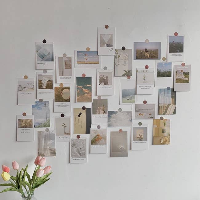 A series of rectangular muted photos and prints stuck to a wall with circular stickers 