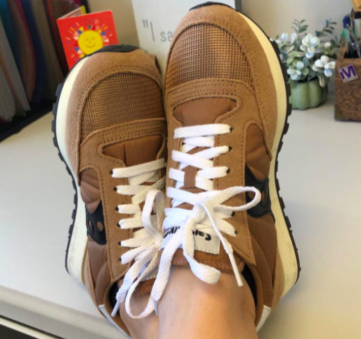 reviewer photo of tan Saucony sneakers