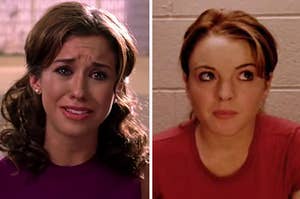 Gretchen crying on the left and Cady sitting alone in a bathroom stall on the right