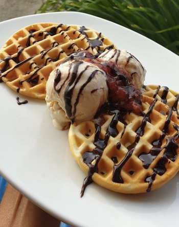 reviewer of waffles topped with chocolate sauce and ice cream