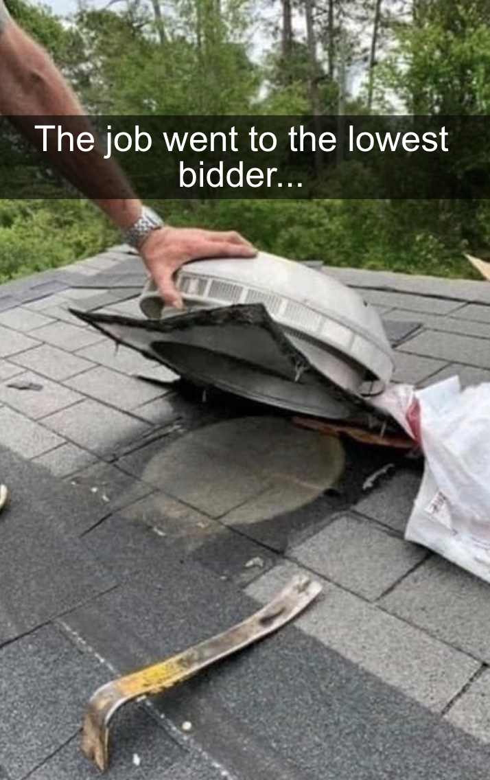 Roof hood that&#x27;s connected to nothing; caption: &quot;The job went to the lowest bidder&quot;