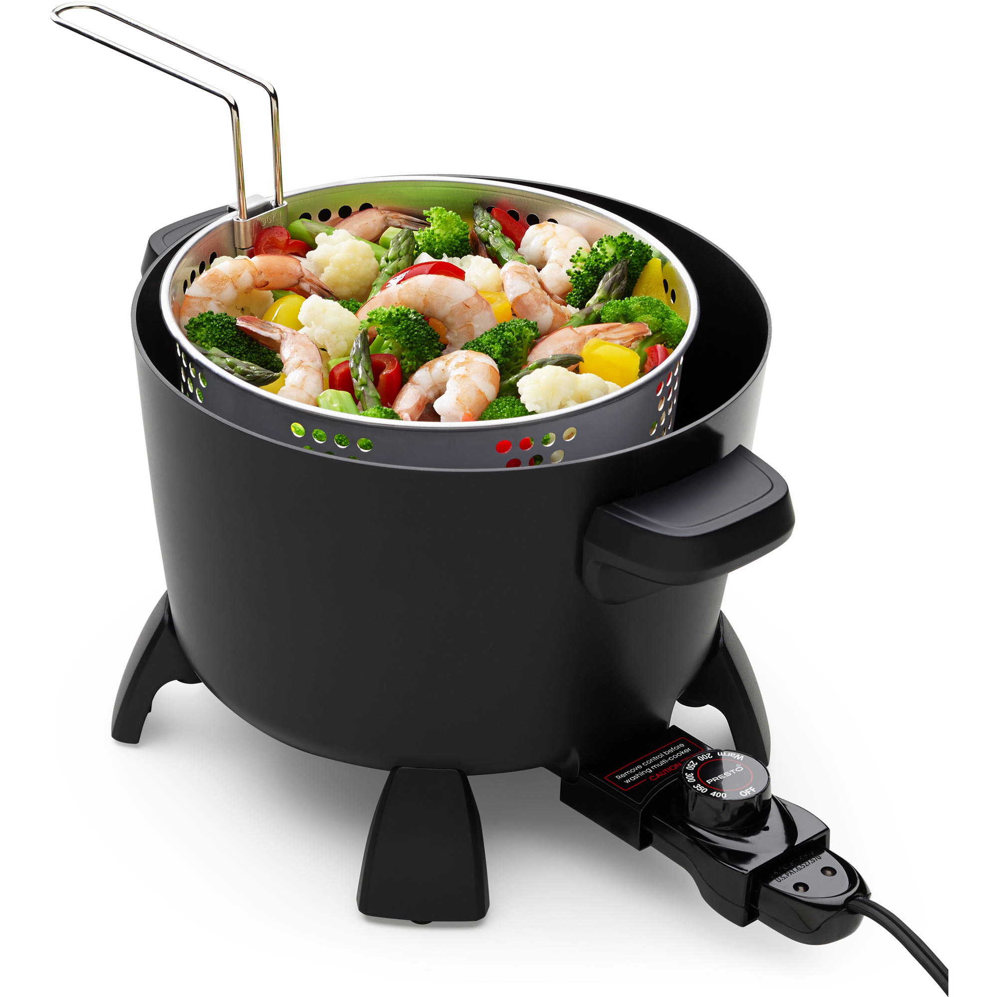 a black multi use deep fryer and steamer