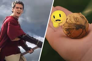 A Quidditch player is on the left on a broom with a ball in someone's palm on the right and a think face emoji