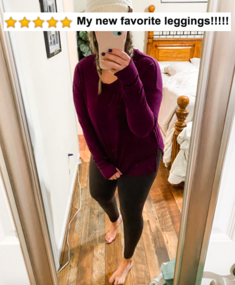 Reviewer in the plain black leggings with five-star Amazon caption &quot;my new favorite leggings!&quot;