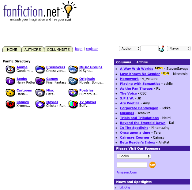 Website homepage with options to read stories in a multitude of fandom categories