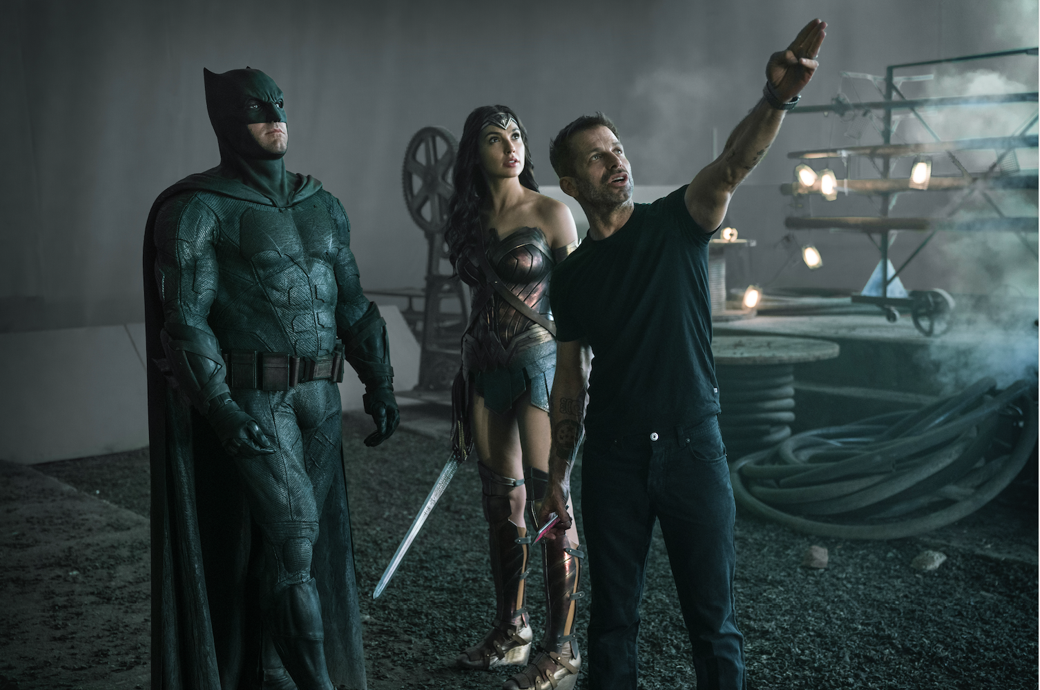 Zack directing Ben Affleck, who plays Batman, and Gal Gadot, who plays Wonder Woman, on set