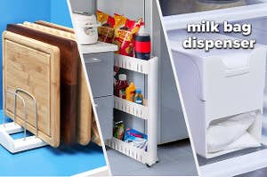 cutting board organizer, gap-filling shelf, milk bag dispenser 