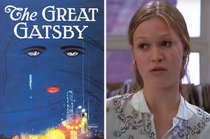 On the left, "The Great Gatsby" by F. Scott Fitzgerald, and on the right, Kat from "10 Things I Hate About You"