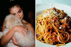 selena gomez holding a shaggy white dog on the left and a plate of spaghetti topped with cheese on the right