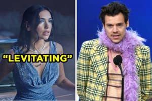 On the left, Dua Lipa in the "levitating" music video, and on the right, Harry Styles accepting his Grammy award