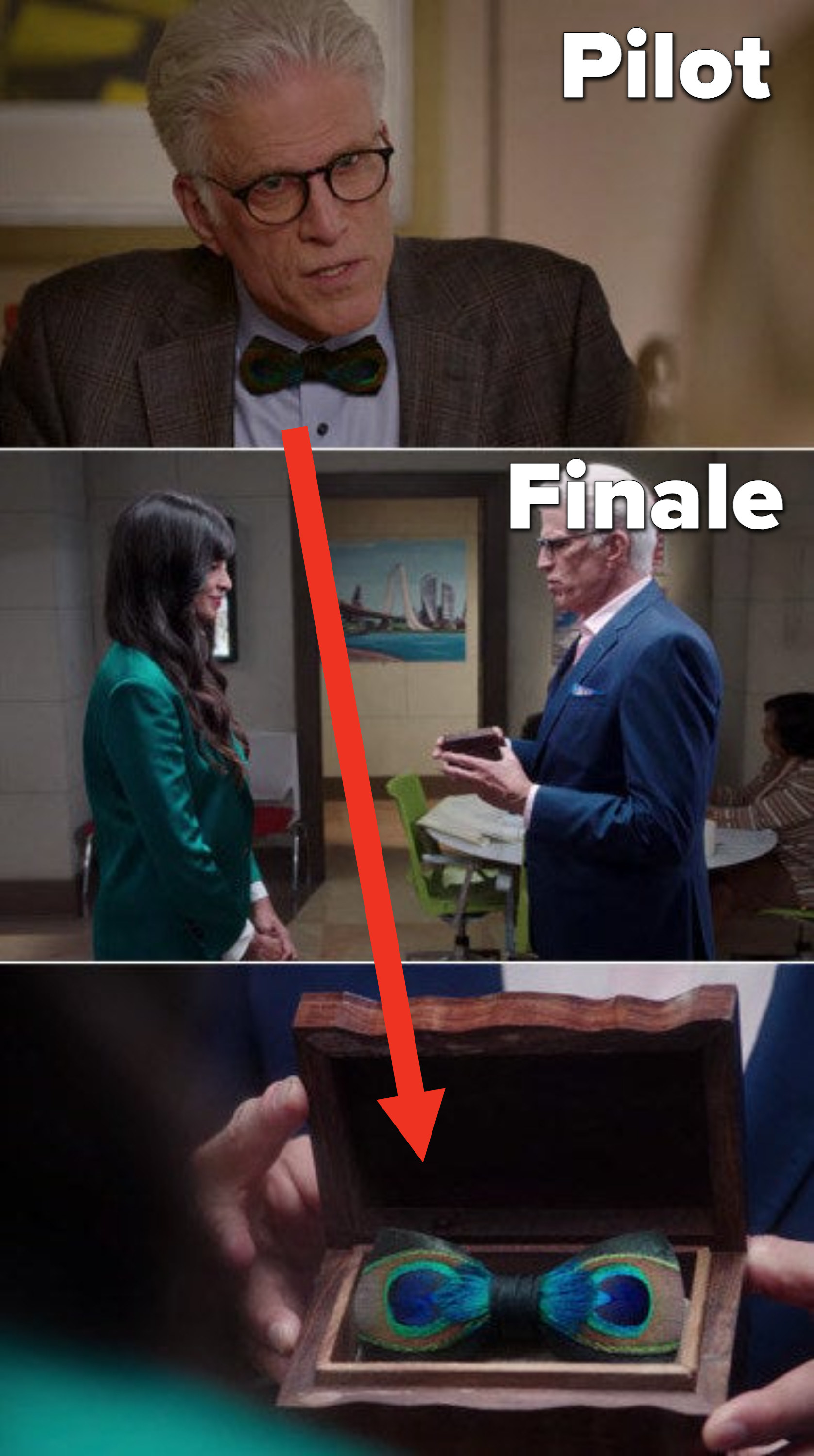 Michael giving Tahani a bowtie and a picture of him wearing the bowtie in the pilot