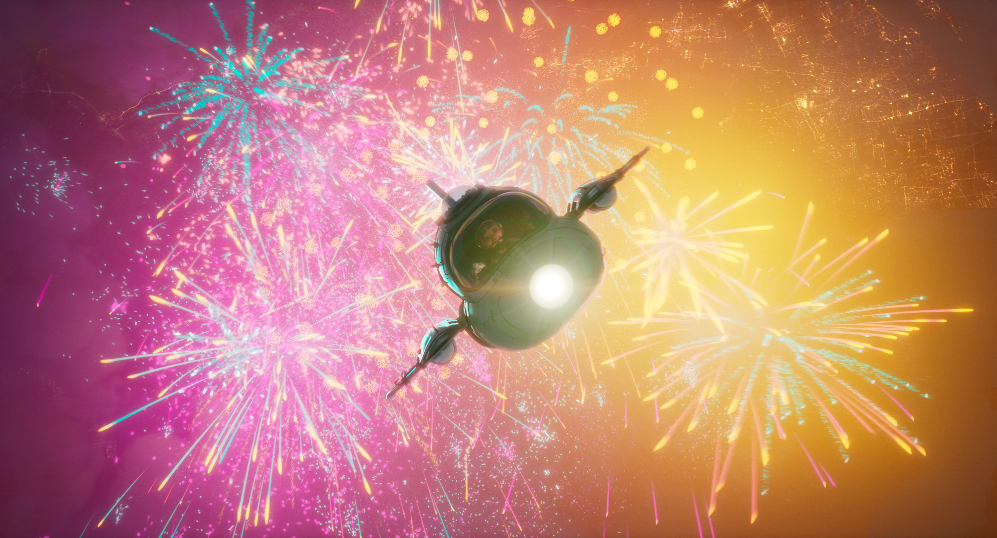 spaceship and fireworks