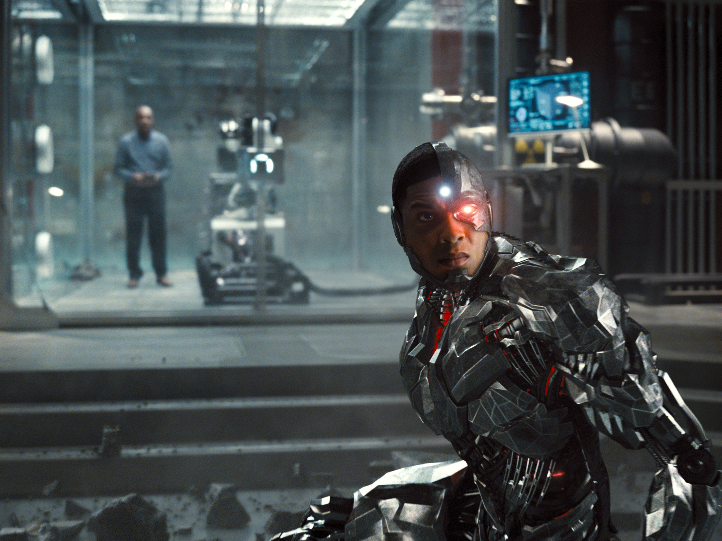 Cyborg in front of a damaged lab