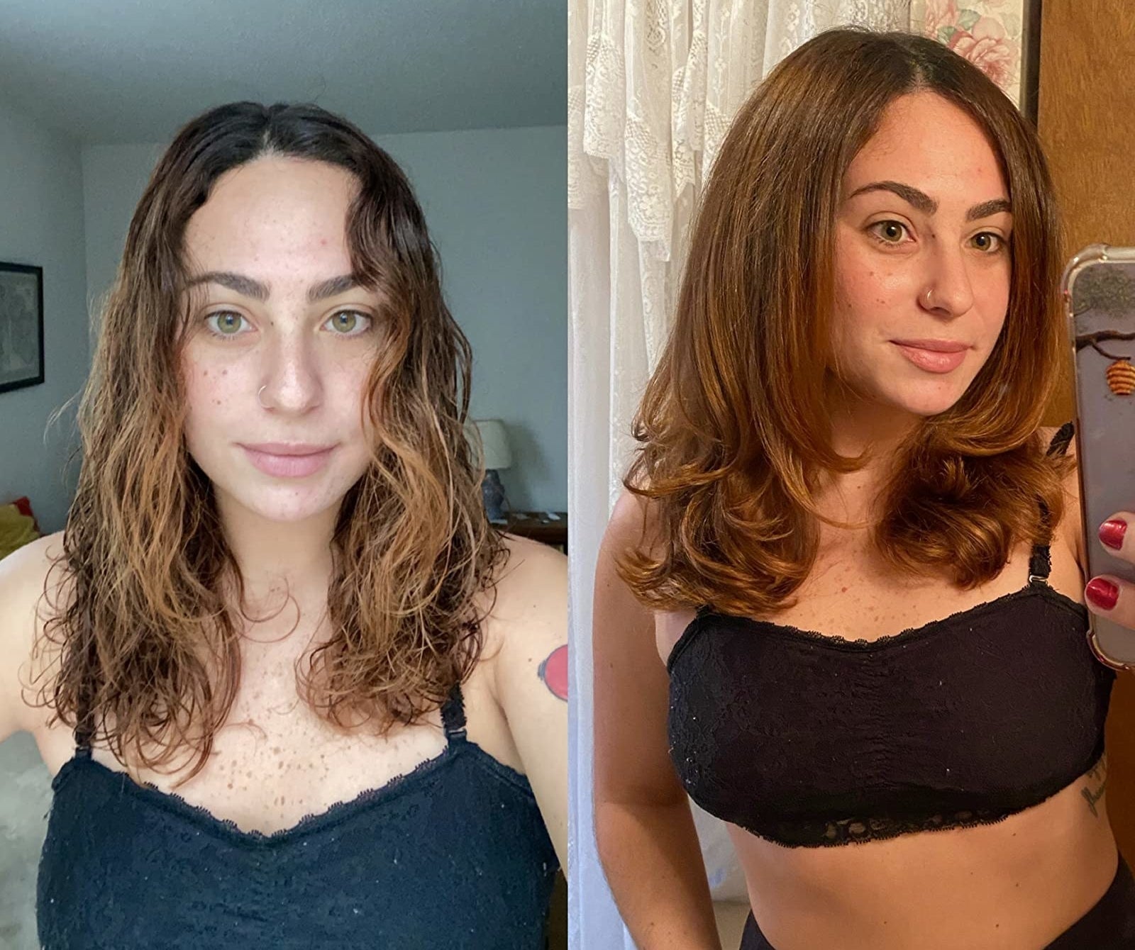 A before/after of a reviewer with wet, wavy hair, and then a sleek but voluminous blowout