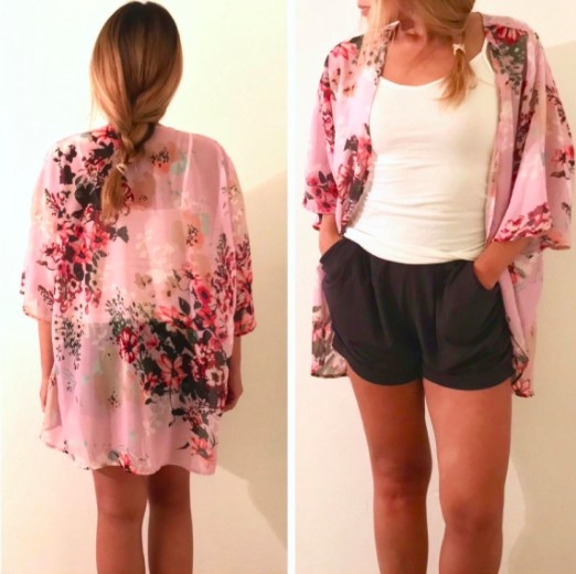 person wearing a pink floral cardigan, shot from the front and back