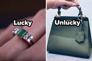 Green ring with the word "lucky" and green purse with the word "unlucky"