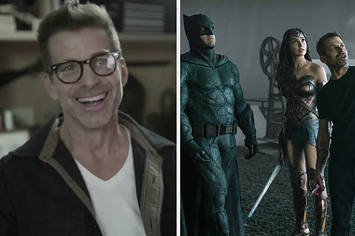 Zack mid-interview next to an image of Zack directing with Batman and Wonder Woman
