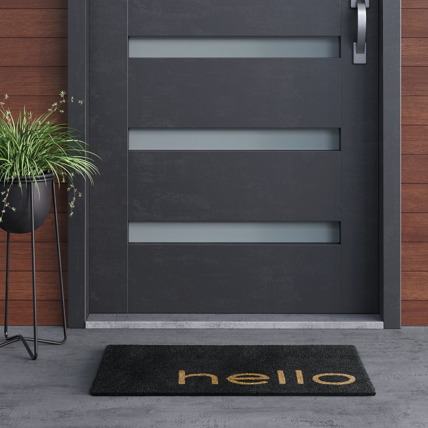 black welcome mat with the word &quot;hello&quot; on it, in front of a door