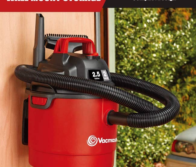 Lightweight red wet dry shop vac with black hose and wall mount