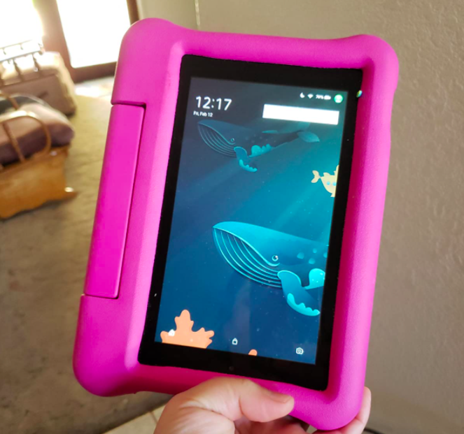 Reviewer holding the tablet in pink