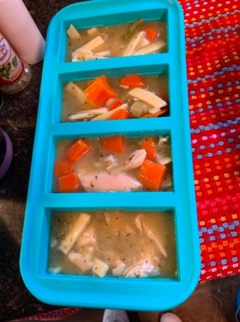 reviewer showing a blue silicone ice tray with chicken noodle soup in it