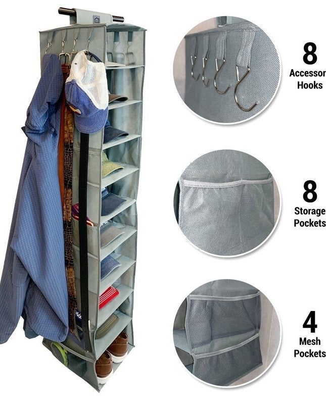 the hanging organizer full with hats and shoes and close ups of the hanging hooks and pockets with more belongings able to be stored