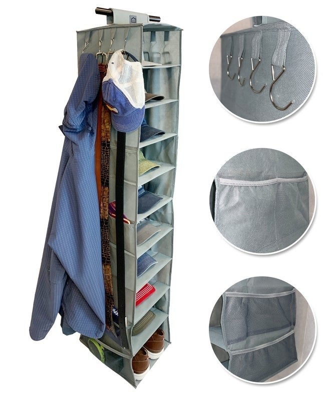 the hanging organizer full with hats and shoes and close ups of the hanging hooks and pockets with more belongings able to be stored