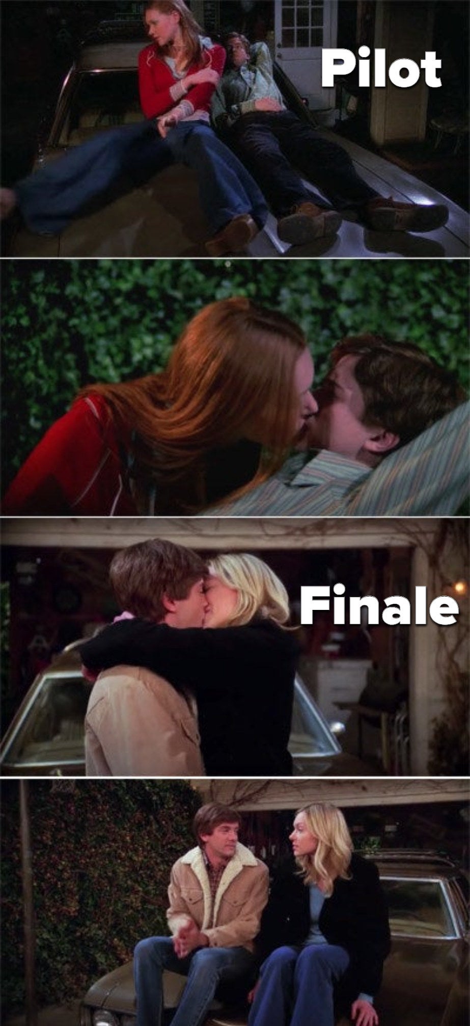 Eric and Donna kissing on the car in the pilot and kissing in front of the car in the finale