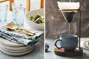 patterned napkins and a pour-over coffee maker
