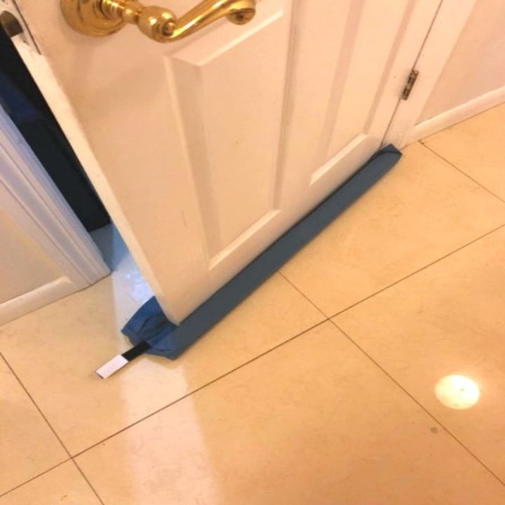 blue door gap filler on the bottom of a door