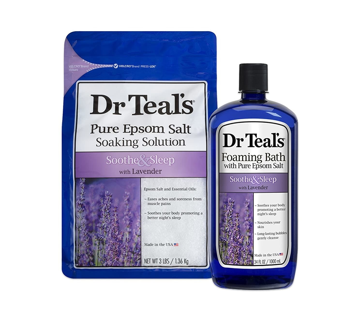 the bag and bottle of lavender soothe and sleep dr teals products
