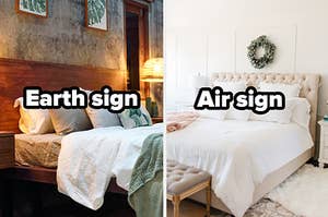 Green bedroom with words "earth sign" and white bedroom with words "air sign"