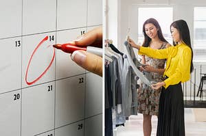 On the left, a date circled on a calendar, and on the right, two people looking at a dress on a hanger