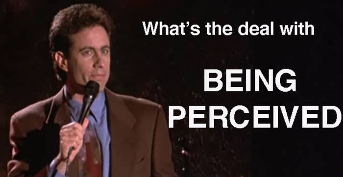 Jerry Seinfeld doing stand-up captioned, &quot;What&#x27;s the deal with being perceived&quot;